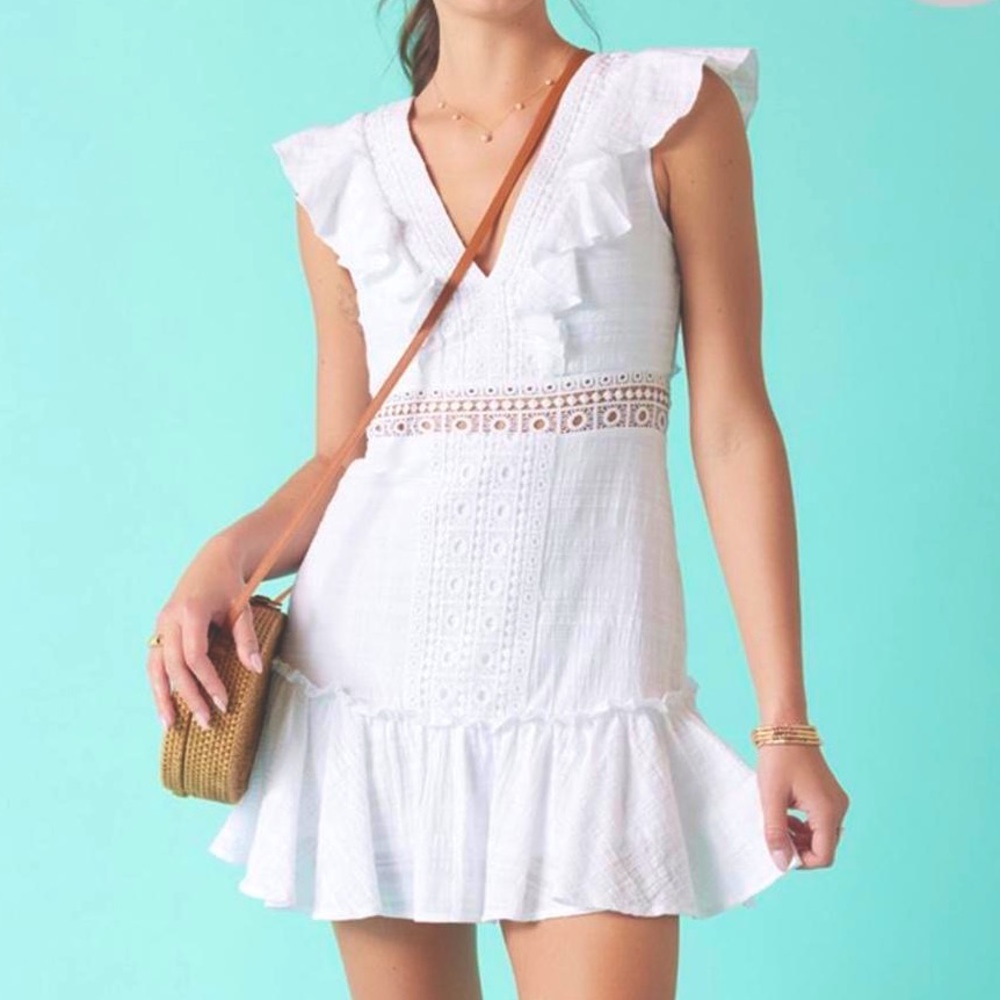 [mi ami] White Ruffled Lace-Trim Cap-Sleeve Dress - Size S
